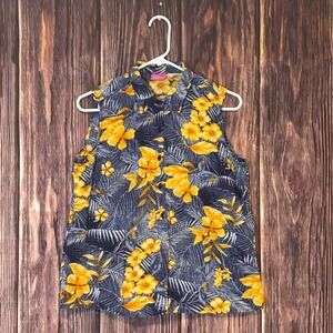 Pappagallo Blouse Womens Large Navy Blue Yellow Tropical Floral Sleeveless Top